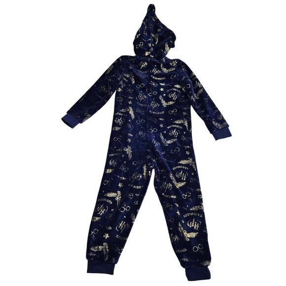 Harry Potter Hooded Pajama One Piece Unisex Kids M 7/8 Hogwarts Fleece Blue Gold - Picture 4 of 12